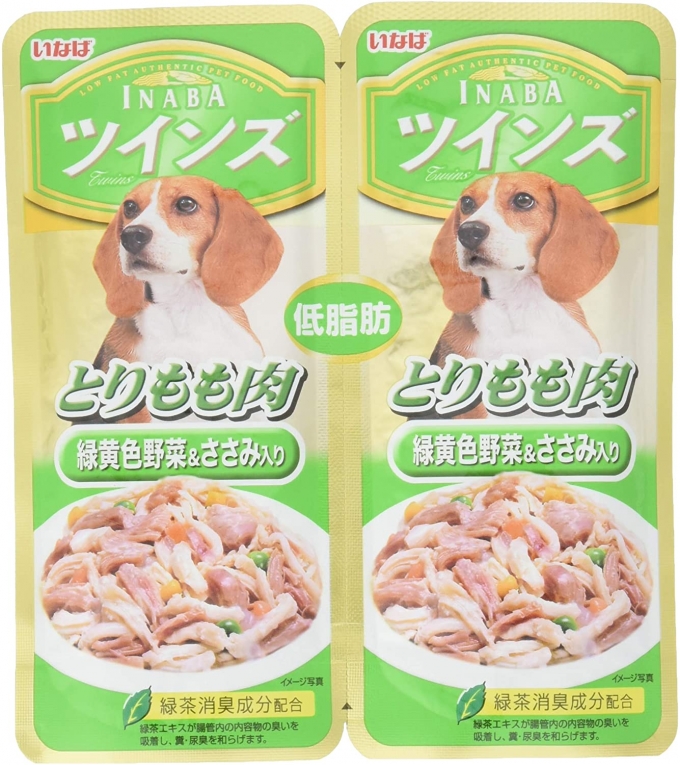 Inaba Dog Food Twins ไก่ไขมันต่ำต้นขาเนื้อสัตว์และผัก 80 กรัม